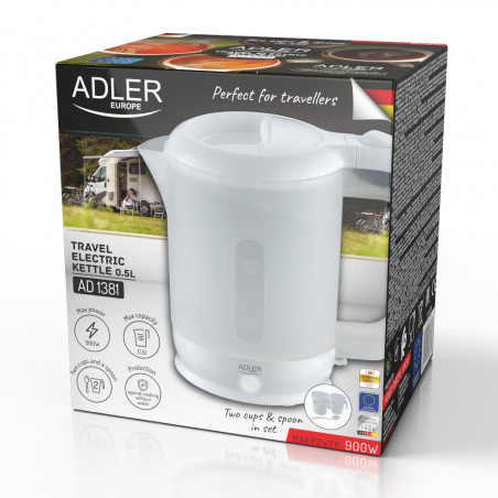 Ηλεκτρικός βραστήρας Adler AD 1381, 900W, 0.5 l, 2 φλιτζάνια και κουτάλα, Επίπεδο θερμαντικό στοιχείο, Προστασία υπερθέρμανσης, Λευκό