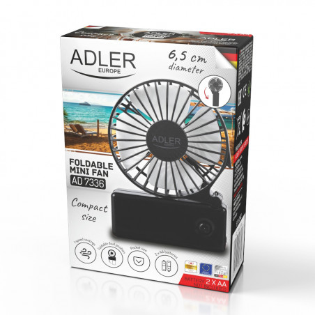 Φορητός ανεμιστήρας χειρός Adler AD 7336, Πτυσσόμενος, 6,5 cm, 46,2 dB, 2xAA, Λεπίδα με κλίση 30 μοιρών, Μαύρο