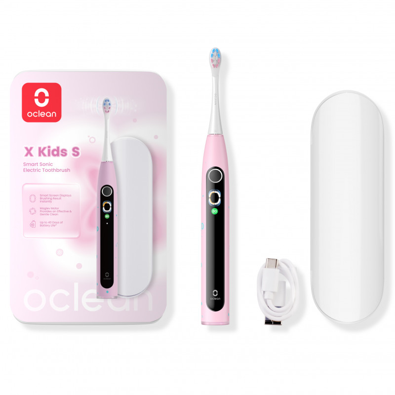 Παιδική ηλεκτρική οδοντόβουρτσα Oclean X Kids Set, 2.5W, 72000 rpm, 5 λειτουργίες, Χρονοδιακόπτης, Αυτονομία έως 40 ημέρες, Oclean OS, Τύπος C, Θήκη, Ροζ