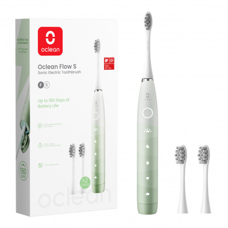 Ηλεκτρική οδοντόβουρτσα Oclean Flow S, 1.85W, 76000 rpm, 5 λειτουργίες, Χρονοδιακόπτης, Αυτονομία έως 180 ημέρες, Τύπος-C, Αντιβακτηριακή επιφάνεια, Πράσινο
