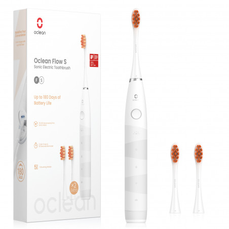 Ηλεκτρική οδοντόβουρτσα Oclean Flow S, 1.85W, 76000 rpm, 5 λειτουργίες, Χρονοδιακόπτης, Αυτονομία έως 180 ημέρες, Τύπος-C, Αντιβακτηριακή επιφάνεια, Λευκό