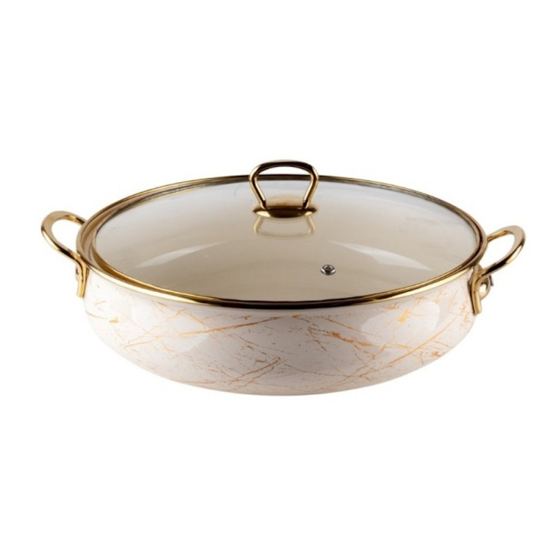 Κουζίνα Goldmann GM 8040-24B, 24 cm, 3.2l, Εμαγιέ ατσάλι, Γυάλινο καπάκι, Επαγωγή, Λευκό/χρυσό