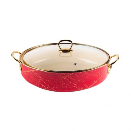 Κουζίνα Goldmann GM 8040-28R, 28 cm, 4.5l, Εμαγιέ ατσάλι, Γυάλινο καπάκι, Επαγωγή, Κόκκινο/χρυσό