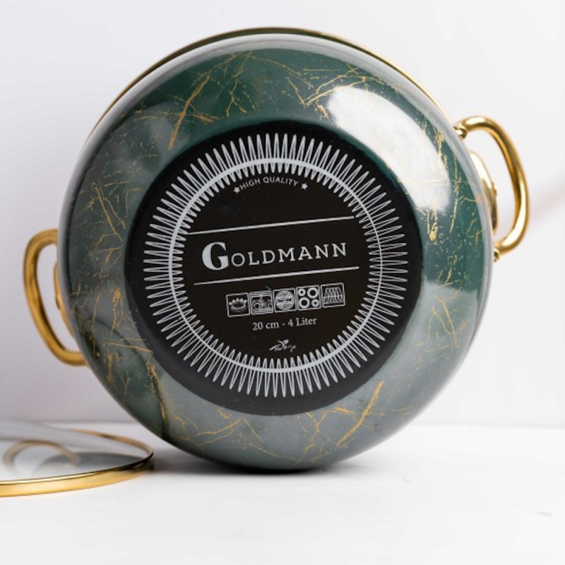 Κατσαρόλα Goldmann GM 8017-20G, 4l, 20x13 cm, Εμαγιέ, Επαγωγή, Γυάλινο καπάκι, Σμαραγδένιο πράσινο