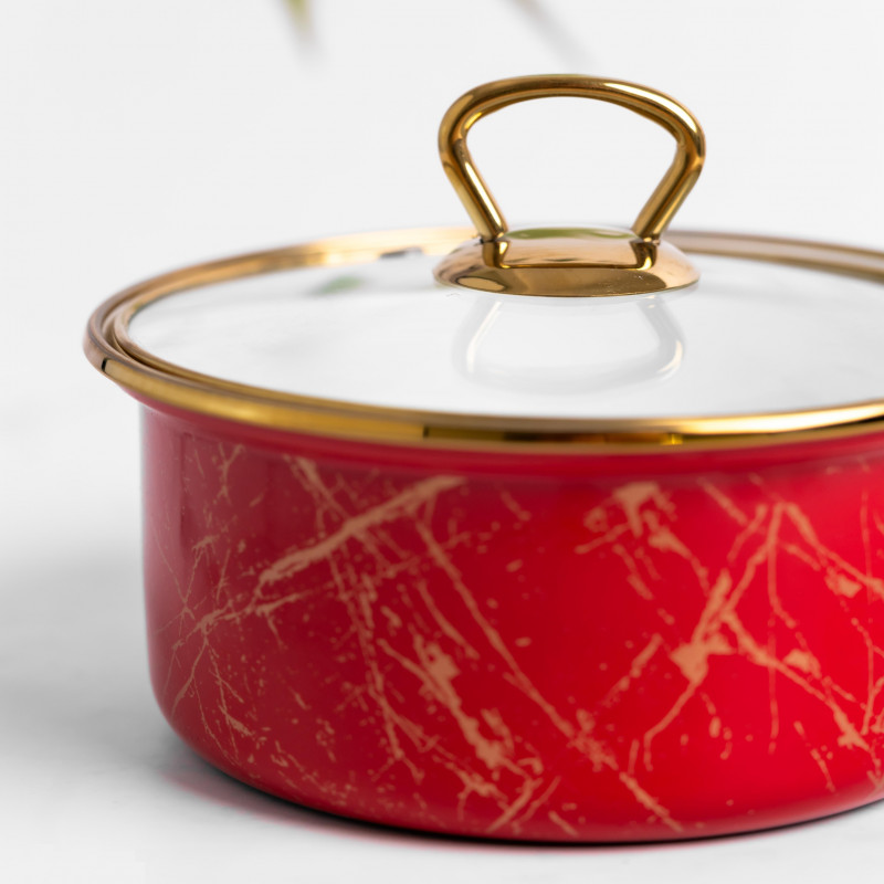 Κατσαρόλα με γυάλινο καπάκι Goldmann GM 4521-18R, 18x9 cm, 2L, Enamel, Induction, Red/Old Gold