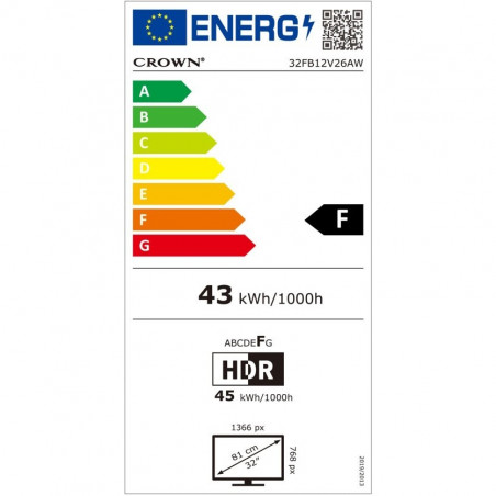 TV Crown 32FB12V26AW, 32", 81 cm, HD Ready 1366x768, Class F, Android, Wi-Fi, Smart TV, Μαύρο