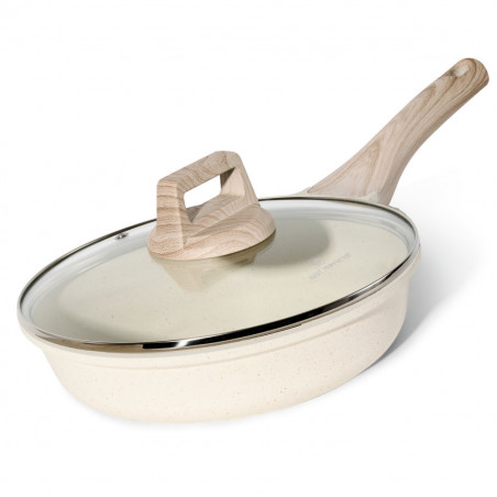 Τηγάνι Just Perfecto JL-41, 24 cm, Γυάλινο καπάκι, Μαρμάρινη επίστρωση, Χωρίς PFAS, Επαγωγή, Μπεζ