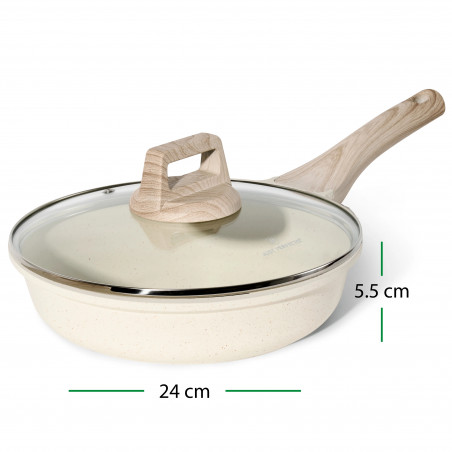 Τηγάνι Just Perfecto JL-41, 24 cm, Γυάλινο καπάκι, Μαρμάρινη επίστρωση, Χωρίς PFAS, Επαγωγή, Μπεζ
