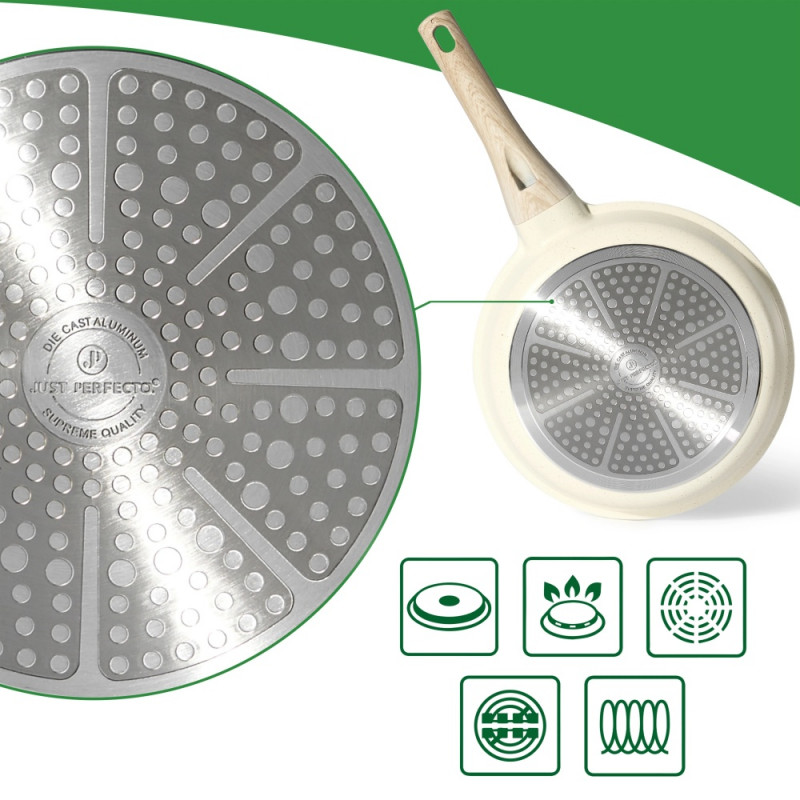 Τηγάνι Just Perfecto JL-41, 24 cm, Γυάλινο καπάκι, Μαρμάρινη επίστρωση, Χωρίς PFAS, Επαγωγή, Μπεζ