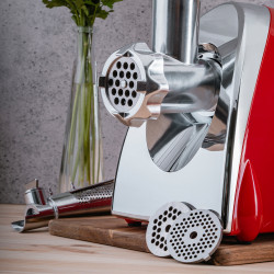 Ηλεκτρική μηχανή για κιμά με εξάρτημα για ντομάτα Oliver Voltz OV51991A, 1400W, Λειτουργία αντίστροφης κίνησης, Αξεσουάρ για σάλτσες και Kubbe, Κόκκινο