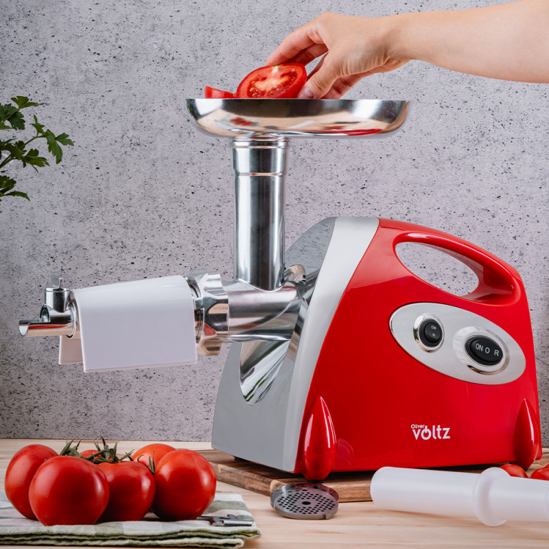 Ηλεκτρική μηχανή για κιμά με εξάρτημα για ντομάτα Oliver Voltz OV51991A, 1400W, Λειτουργία αντίστροφης κίνησης, Αξεσουάρ για σάλτσες και Kubbe, Κόκκινο