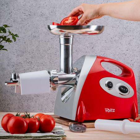 Ηλεκτρική μηχανή για κιμά με εξάρτημα για ντομάτα Oliver Voltz OV51991A, 1400W, Λειτουργία αντίστροφης κίνησης, Αξεσουάρ για σάλτσες και Kubbe, Κόκκινο