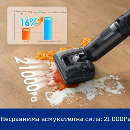 Κάθετη ηλεκτρική σκούπα Tineco Floor One S7 Stretch Ultra, 230W, 21 kPa, 0.72 l βρώμικο/1 l καθαρό, Αυτονομία 50 λεπτά, 3 λειτουργίες, σύστημα αυτοκαθαρισμού FlashDry, οθόνη LED, Μαύρο
