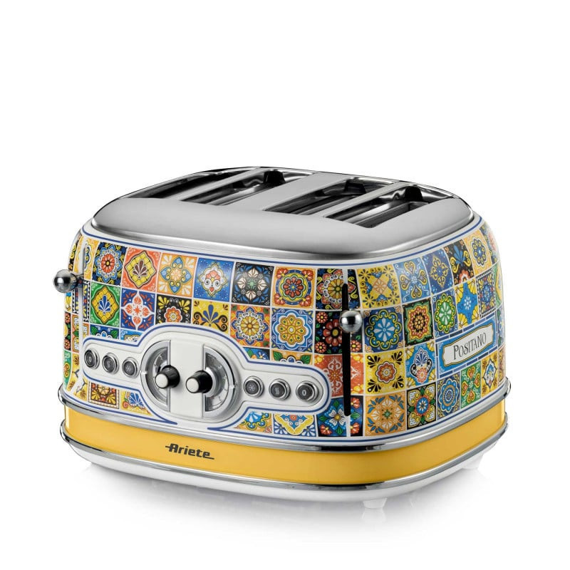 Τοστιέρα ψωμιού Ariete Positano 0156/0P, 1600W, 4 φέτες, 3 λειτουργίες, 6 στάδια, Κινητός δίσκος για ψίχουλα, Λευκό/κίτρινο