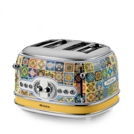 Τοστιέρα ψωμιού Ariete Positano 0156/0P, 1600W, 4 φέτες, 3 λειτουργίες, 6 στάδια, Κινητός δίσκος για ψίχουλα, Λευκό/κίτρινο
