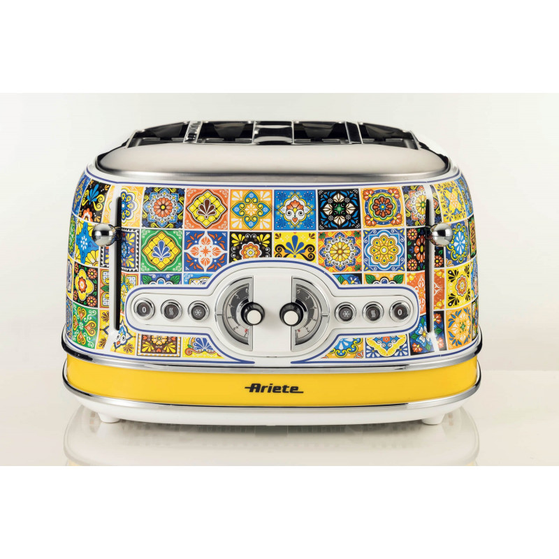 Τοστιέρα ψωμιού Ariete Positano 0156/0P, 1600W, 4 φέτες, 3 λειτουργίες, 6 στάδια, Κινητός δίσκος για ψίχουλα, Λευκό/κίτρινο