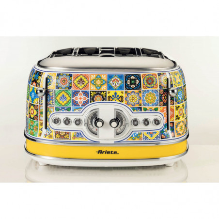 Τοστιέρα ψωμιού Ariete Positano 0156/0P, 1600W, 4 φέτες, 3 λειτουργίες, 6 στάδια, Κινητός δίσκος για ψίχουλα, Λευκό/κίτρινο