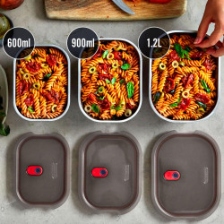 Σετ 3 τεμαχίων Black+Blum Meal Prep FBSS-BX-PACK1, 0,6/0,9/1,2 l, ορθογώνιο, κατάλληλο για φούρνο, χωρίς BPA, ανοξείδωτο ατσάλι, γκρι