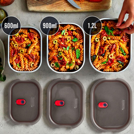 Σετ 3 τεμαχίων Black+Blum Meal Prep FBSS-BX-PACK1, 0,6/0,9/1,2 l, ορθογώνιο, κατάλληλο για φούρνο, χωρίς BPA, ανοξείδωτο ατσάλι, γκρι