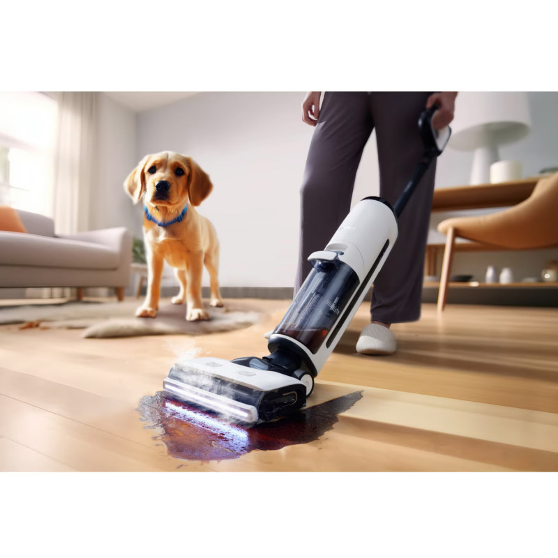 Κάθετη ηλεκτρική σκούπα Tineco Floor One S7 Steam Plus 4B1, 240W, Στεγνό/Υγρό, 0,7 l βρώμικο/0,8 l καθαρό, οθόνη LED και φωτισμός, Ατμός + στέγνωμα, Λευκό/μαύρο