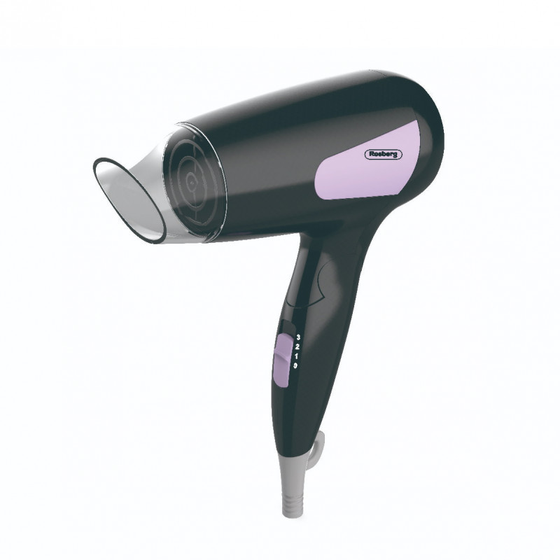Περιηγητικό πιστολάκι μαλλιών Rosberg R51100N, 1200W, Πτυσσόμενη λαβή, 3 θερμοκρασίες, Μαύρο/μωβ