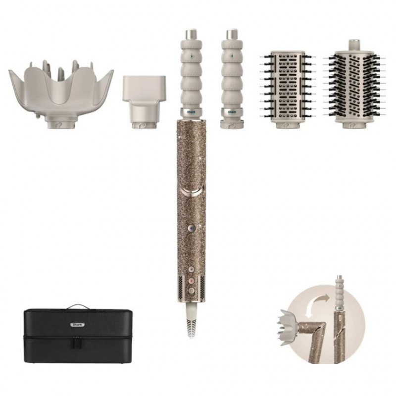 Σίδερο μπούκλας 5in1 Shark HD446JSEU FlexStyle πολλαπλών λειτουργιών, 1650W, 3 ταχύτητες, 3 ρυθμίσεις θερμοκρασίας, αυτόματη μπούκλα Coanda Wrap & Fix, στέγνωμα, ίσιωμα, σαμπάνια/διαμάντι