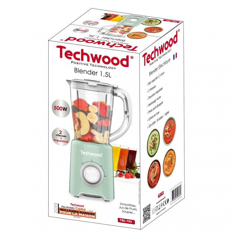 Μπλέντερ Techwood TBL-782, 500W, 1.5 λίτρο, 2 ταχύτητες + impulsi, μαχαίρια Stomaneni, ανοιχτό πράσινο