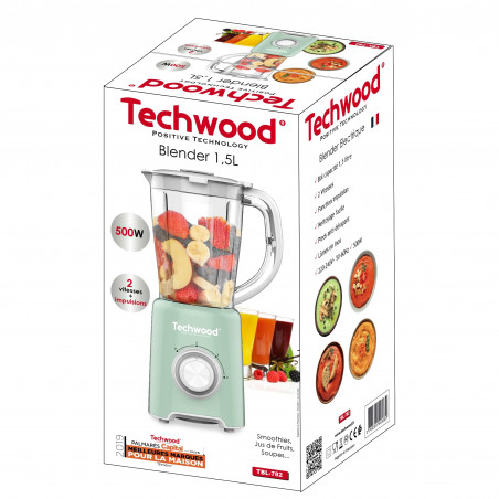 Μπλέντερ Techwood TBL-782, 500W, 1.5 λίτρο, 2 ταχύτητες + impulsi, μαχαίρια Stomaneni, ανοιχτό πράσινο