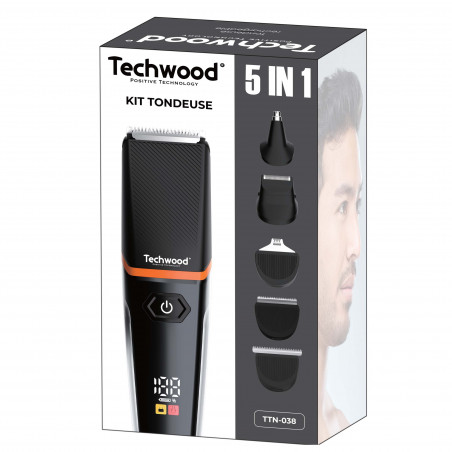 Trimmer 5in1 Techwood TTN-038, 90 λεπτά, 6 εξαρτήματα, 5 κεφαλές, οθόνη LED, USB-Type C, Μαύρο