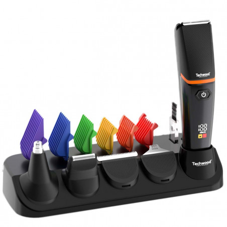 Trimmer 5in1 Techwood TTN-038, 90 λεπτά, 6 εξαρτήματα, 5 κεφαλές, οθόνη LED, USB-Type C, Μαύρο