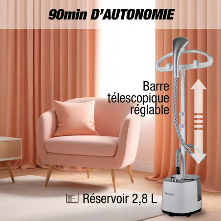 Σίδερο ατμού Techwood TDV-2006, 2000W, 2.8 l, 30 g/min, 90 λεπτά, Θερμική προστασία, 2 ρυθμίσεις, Λευκό