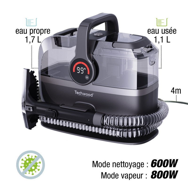 Techwood TAN-7066V Πολυλειτουργικός ατμοκαθαριστής και ηλεκτρική σκούπα, 600/800W, δεξαμενή καθαρού και άχρηστου νερού, 3 λειτουργίες, ψηφιακή οθόνη, σκούρο γκρι