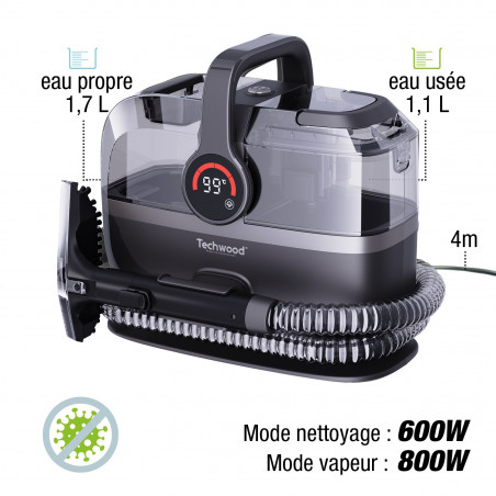 Techwood TAN-7066V Πολυλειτουργικός ατμοκαθαριστής και ηλεκτρική σκούπα, 600/800W, δεξαμενή καθαρού και άχρηστου νερού, 3 λειτουργίες, ψηφιακή οθόνη, σκούρο γκρι