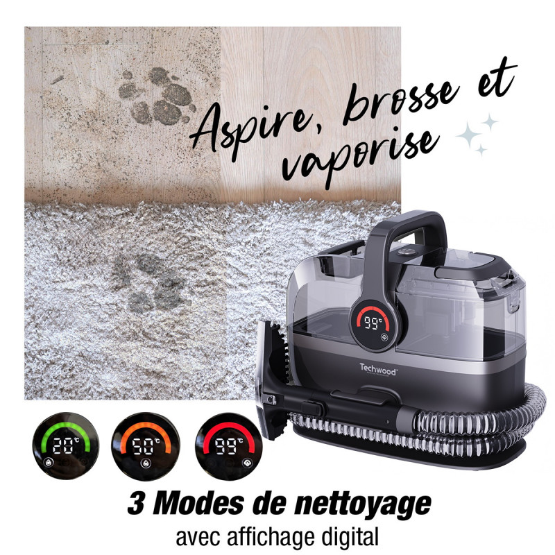 Techwood TAN-7066V Πολυλειτουργικός ατμοκαθαριστής και ηλεκτρική σκούπα, 600/800W, δεξαμενή καθαρού και άχρηστου νερού, 3 λειτουργίες, ψηφιακή οθόνη, σκούρο γκρι