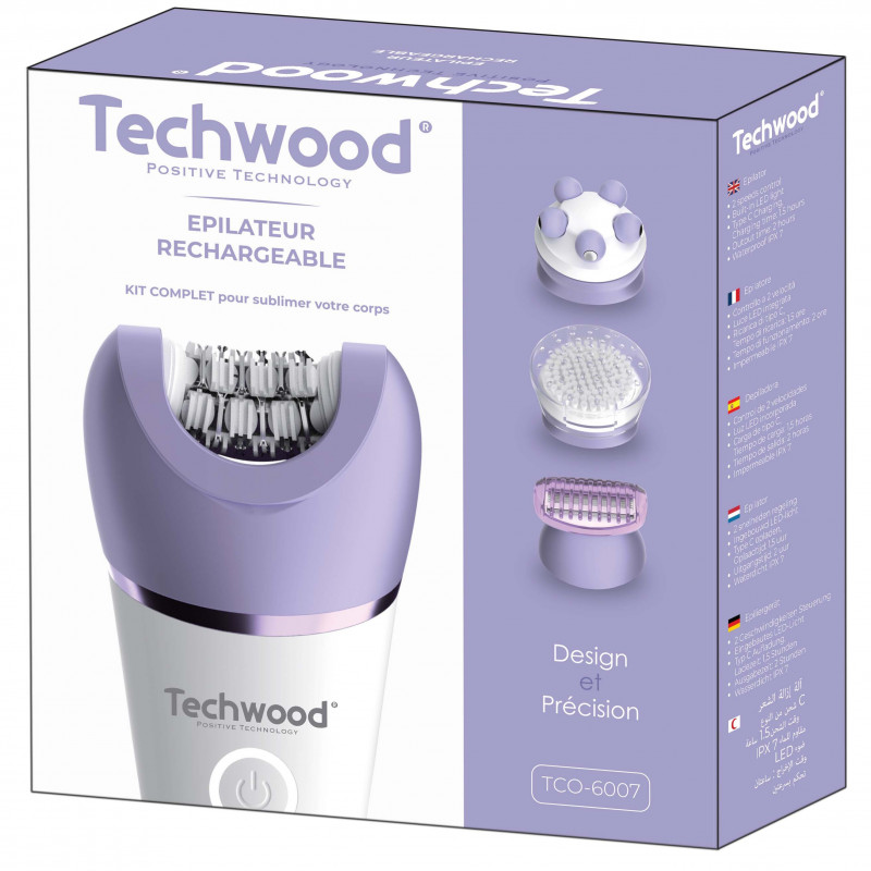 Αποτριχωτική μηχανή Techwood TCO-6007, 2 ταχύτητες, φως LED, 2 ώρες αυτονομία, USB-C, IPX7, Λευκό/Μωβ