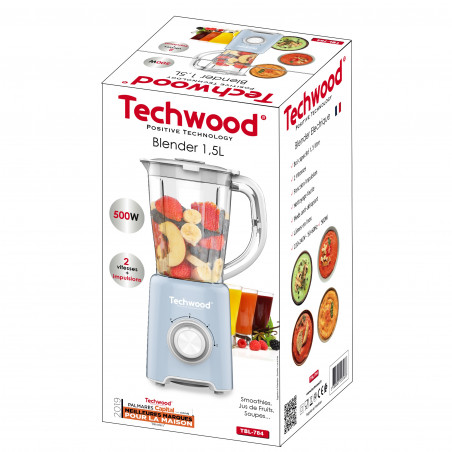 Μπλέντερ Techwood TBL-784, 500W, 1.5 l, 2 ταχύτητες + παλμοί, ατσάλινες λεπίδες, γαλάζιο χρώμα