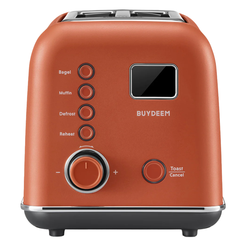 Τοστιέρα ψωμιού BUYDEEM DT730E, 900W, 2 υποδοχές, 9 αυτόματα προγράμματα, 9 επίπεδα φρυγανίσματος, Ανοξείδωτο περίβλημα, Οθόνη LCD, Ενδεικτικές λυχνίες LED, Αυτοκεντρισμός, Χρονοδιακόπτης, Πορτοκαλί