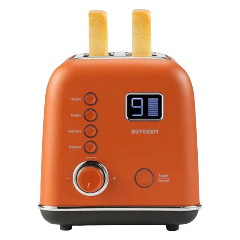 Τοστιέρα ψωμιού BUYDEEM DT730E, 900W, 2 υποδοχές, 9 αυτόματα προγράμματα, 9 επίπεδα φρυγανίσματος, Ανοξείδωτο περίβλημα, Οθόνη LCD, Ενδεικτικές λυχνίες LED, Αυτοκεντρισμός, Χρονοδιακόπτης, Πορτοκαλί