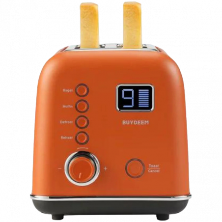 Τοστιέρα ψωμιού BUYDEEM DT730E, 900W, 2 υποδοχές, 9 αυτόματα προγράμματα, 9 επίπεδα φρυγανίσματος, Ανοξείδωτο περίβλημα, Οθόνη LCD, Ενδεικτικές λυχνίες LED, Αυτοκεντρισμός, Χρονοδιακόπτης, Πορτοκαλί