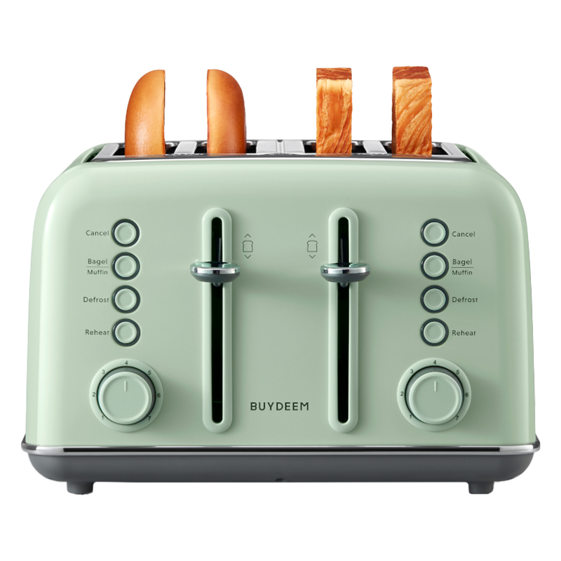 Τοστιέρα ψωμιού BUYDEEM DT640E, 1800W, 4 υποδοχές, 7 αυτόματα προγράμματα, 7 επίπεδα φρυγανίσματος, ενδεικτικές λυχνίες LED, δίσκοι ψίχας, High pop-up, πράσινο