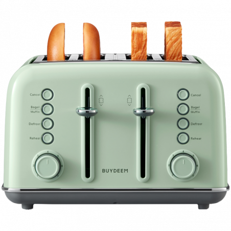 Τοστιέρα ψωμιού BUYDEEM DT640E, 1800W, 4 υποδοχές, 7 αυτόματα προγράμματα, 7 επίπεδα φρυγανίσματος, ενδεικτικές λυχνίες LED, δίσκοι ψίχας, High pop-up, πράσινο