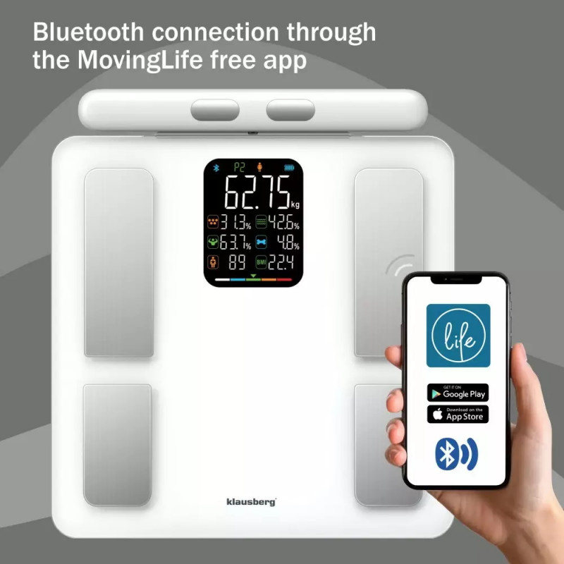 Klausberg KB 7857, Μέχρι 180 κιλά, Bluetooth, Android/iOS, οθόνη LCD, 14 τιμές σώματος, Λευκό