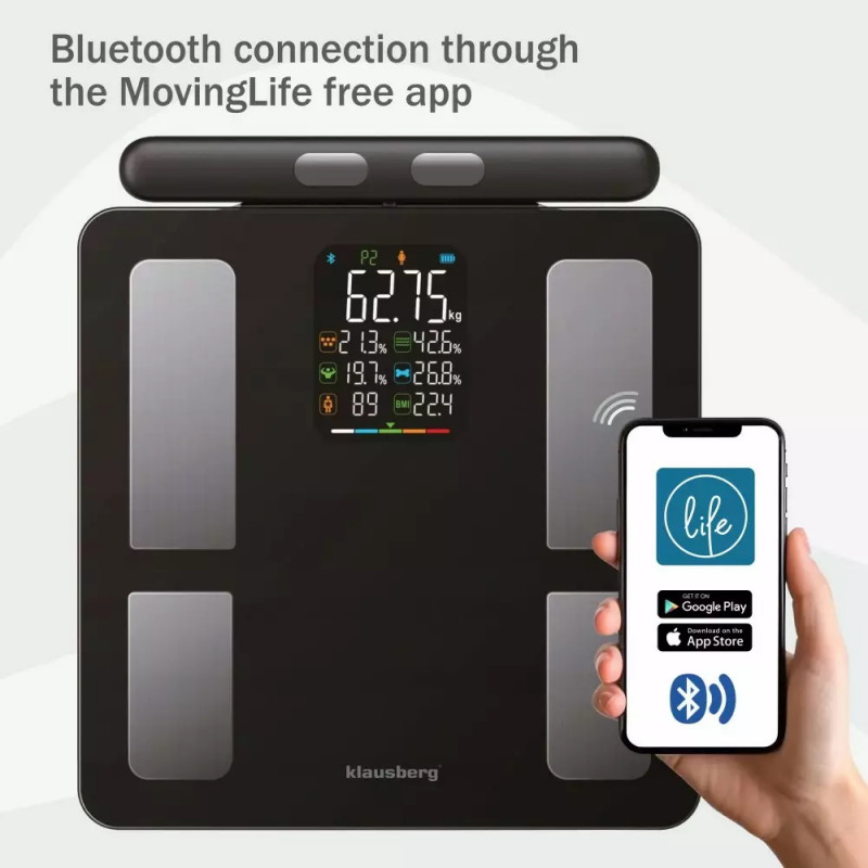 Klausberg KB 7856, Μέχρι 180 κιλά, Bluetooth, Android/iOS, οθόνη LCD, 14 τιμές σώματος, Μαύρο