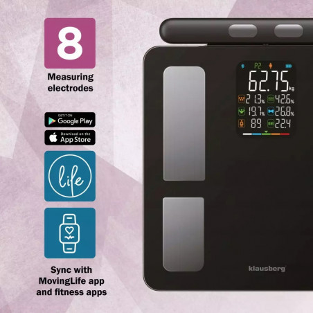 Klausberg KB 7856, Μέχρι 180 κιλά, Bluetooth, Android/iOS, οθόνη LCD, 14 τιμές σώματος, Μαύρο