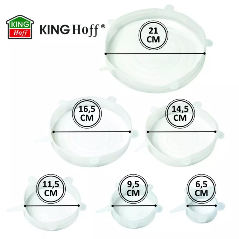 Σετ 6 καπακιών σιλικόνης Kinghoff KH 1902, -40 έως 230°C, Στεγανή και αεροστεγής εφαρμογή, Επαναχρησιμοποιήσιμο, Γενικής χρήσης, Διαφανές