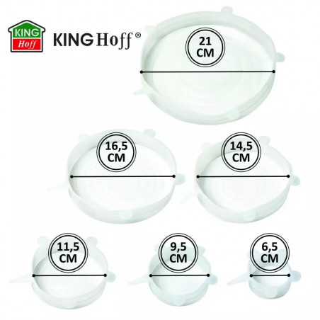 Σετ 6 καπακιών σιλικόνης Kinghoff KH 1902, -40 έως 230°C, Στεγανή και αεροστεγής εφαρμογή, Επαναχρησιμοποιήσιμο, Γενικής χρήσης, Διαφανές
