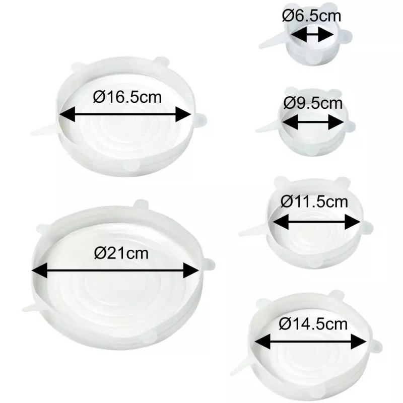 Σετ 6 καπακιών σιλικόνης Kinghoff KH 1902, -40 έως 230°C, Στεγανή και αεροστεγής εφαρμογή, Επαναχρησιμοποιήσιμο, Γενικής χρήσης, Διαφανές