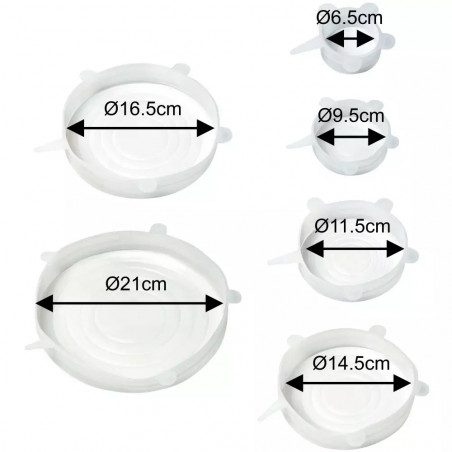 Σετ 6 καπακιών σιλικόνης Kinghoff KH 1902, -40 έως 230°C, Στεγανή και αεροστεγής εφαρμογή, Επαναχρησιμοποιήσιμο, Γενικής χρήσης, Διαφανές