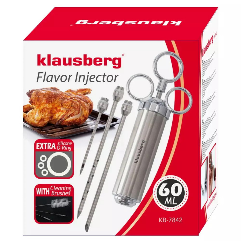 Σύριγγα μαριναρίσματος κρέατος Klausberg KB 7842, 60 ml, 3 βελόνες, Ανοξείδωτο ατσάλι, χωρίς BPA, Ασημί