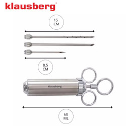 Σύριγγα μαριναρίσματος κρέατος Klausberg KB 7842, 60 ml, 3 βελόνες, Ανοξείδωτο ατσάλι, χωρίς BPA, Ασημί